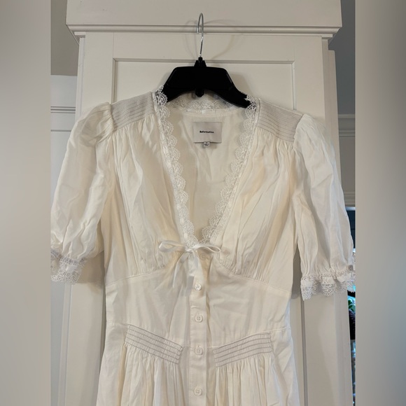 new Reformation Ketra puff sleeve button up lace trim midi dress in white cotton - Picture 9 of 11